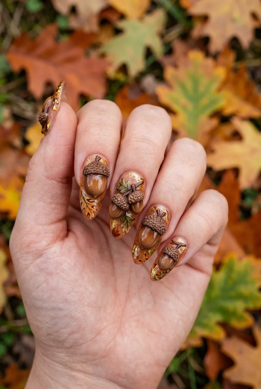 Three-dimensional acorn nail sculptures with textured caps positioned against oak leaves background