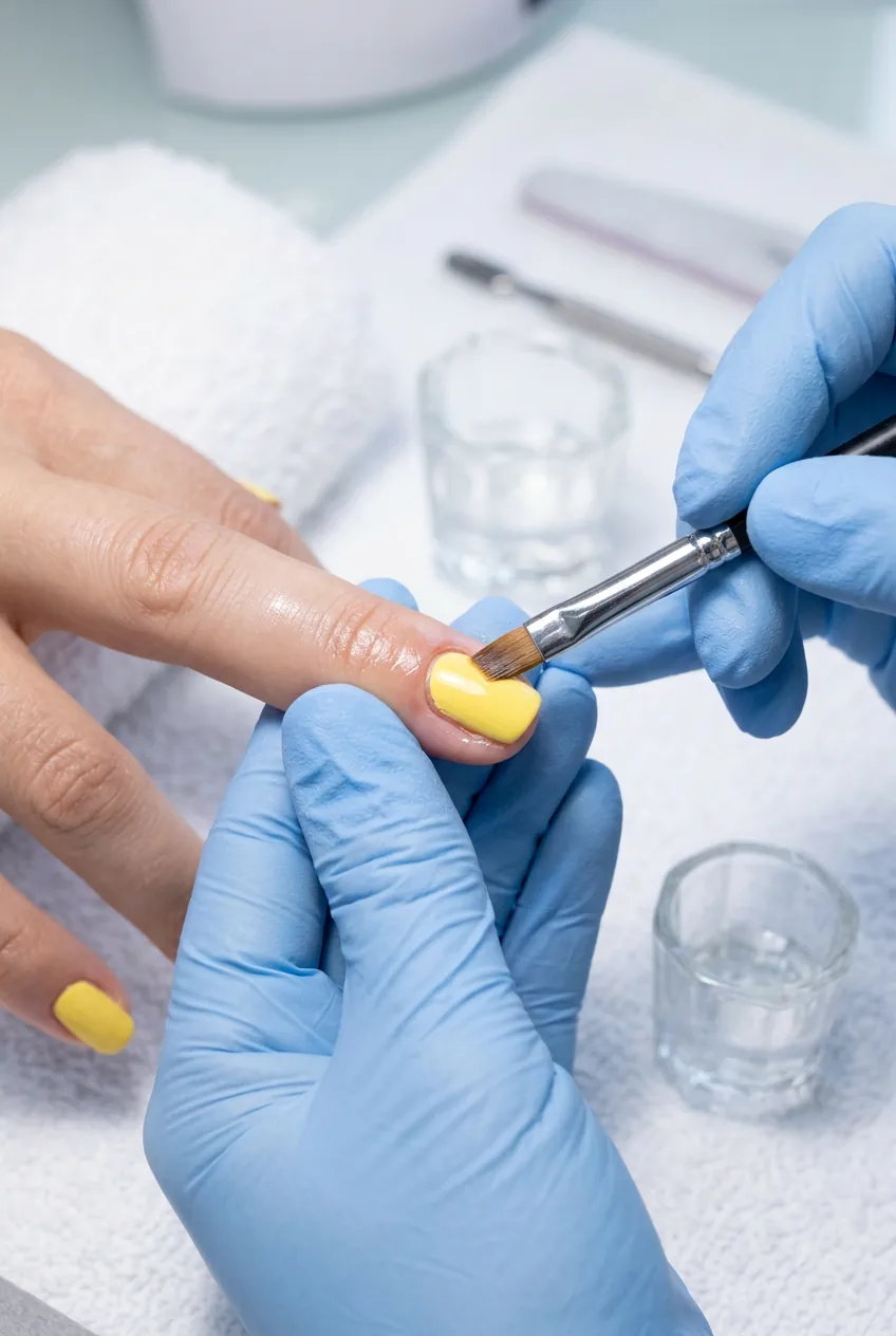 Synthetic brush dipped in acetone cleaning excess yellow polish from cuticle area with precision