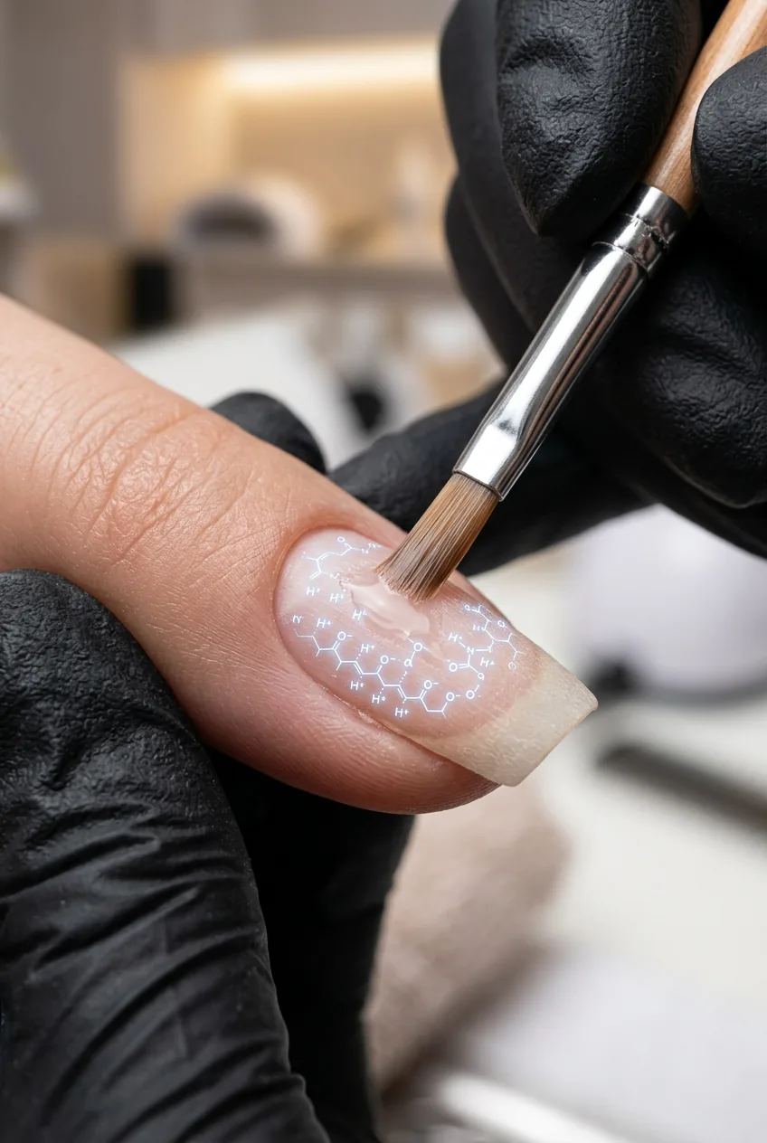 Precision brush applying thin layer of acid-free primer to prepped nail plate