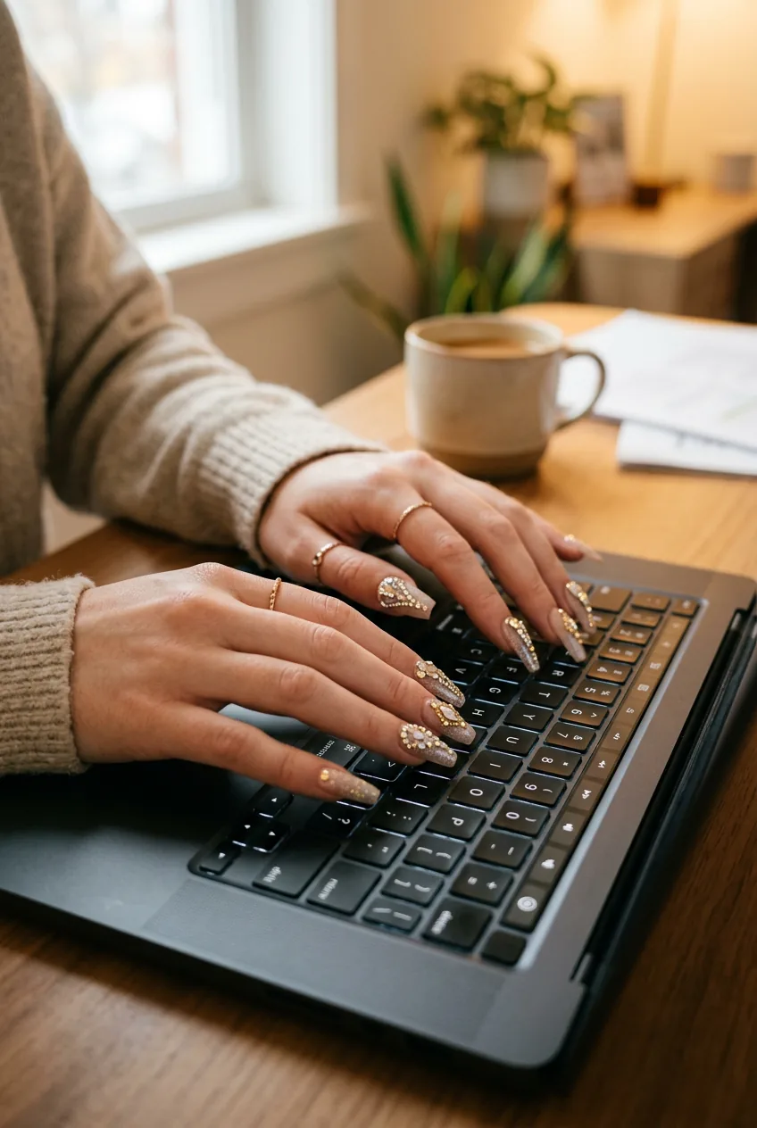 Woman's hands with elaborate coffin-shaped acrylic nail extensions featuring rhinestone details while typing on laptop