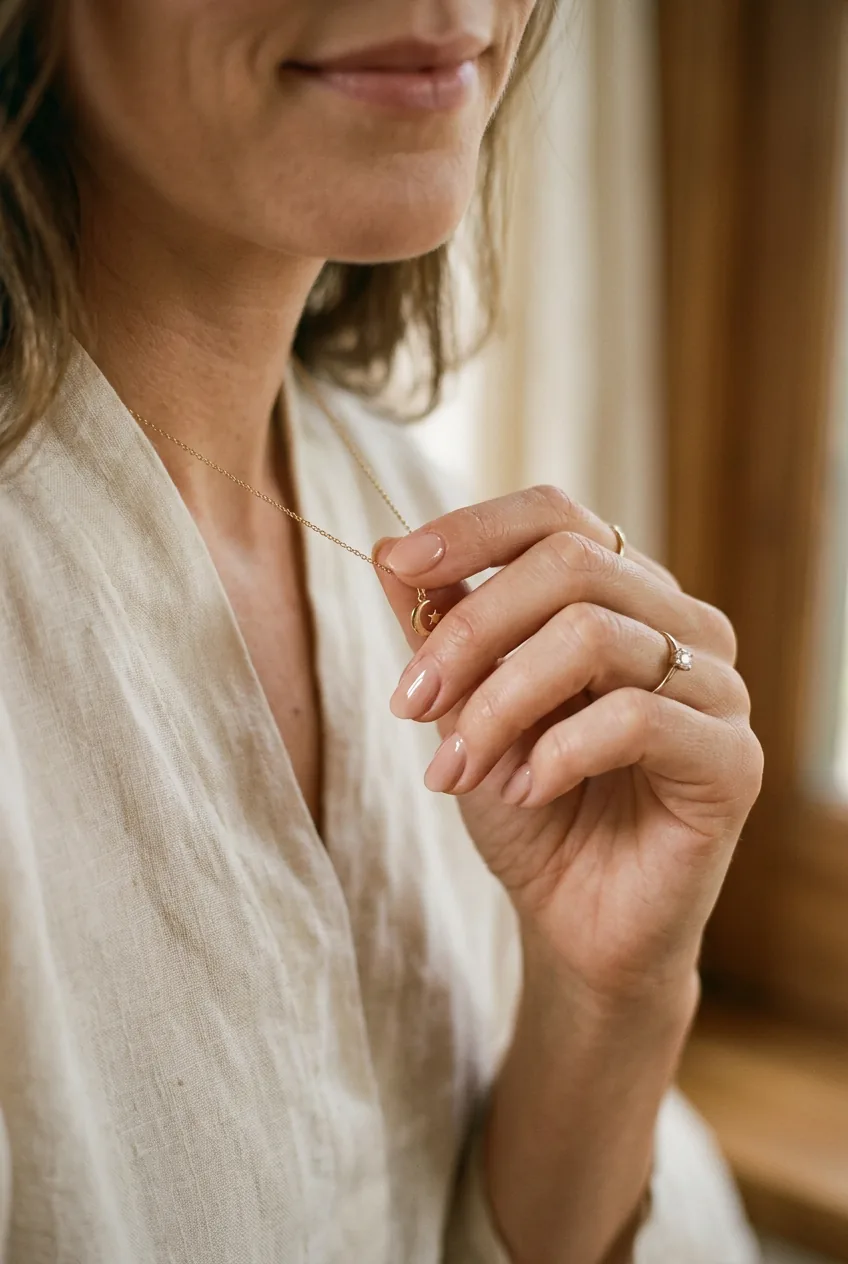 Woman's hand adjusting jewelry displaying timeless nail inspo manicure in classic nude tone