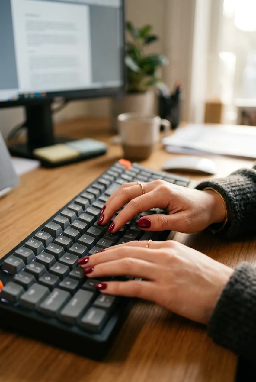 Woman's hands typing on computer keyboard displaying burgundy-red nail designs in office lighting