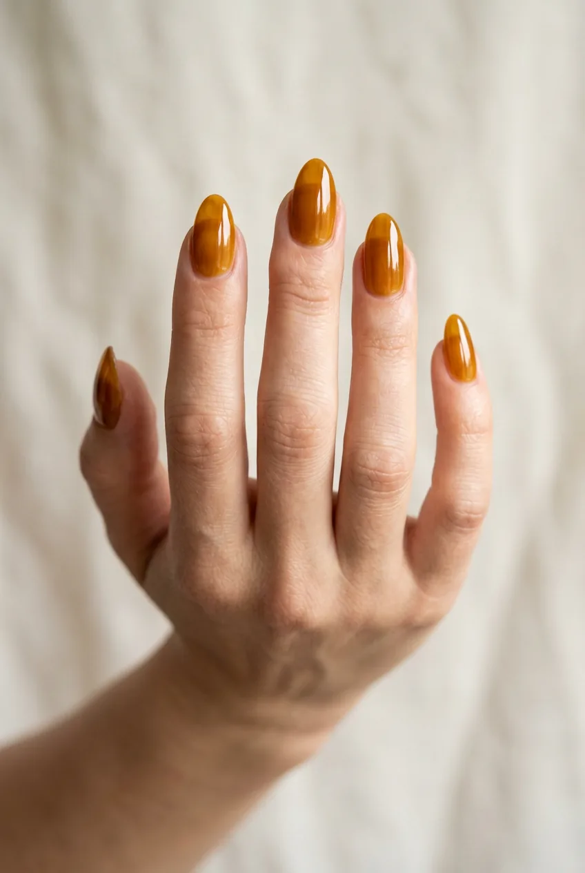 Woman's hand with amber glass finish manicure showing high-gloss golden-brown color