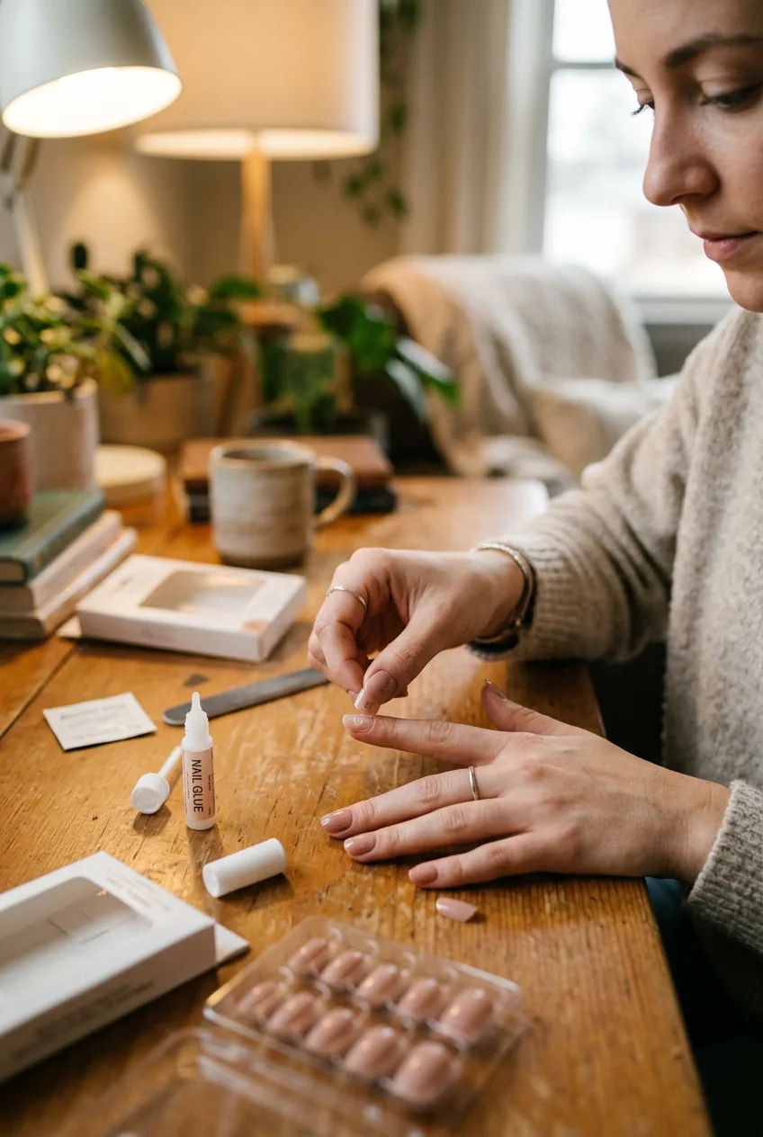 Woman's hands during press-on nail application process at home with nail glue and sizing tools