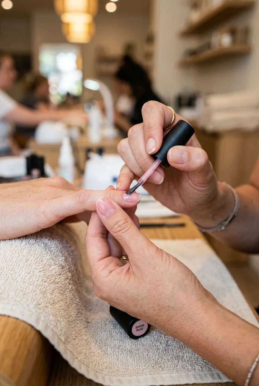 Close-up of brush applying single coat of sheer pink nail polish from cuticle to tip