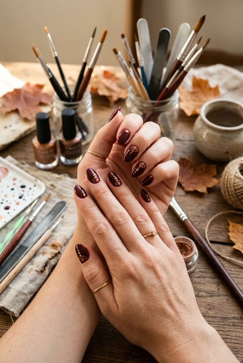 Hands showing autumn nail art with bronze metallic dots on burgundy nail base