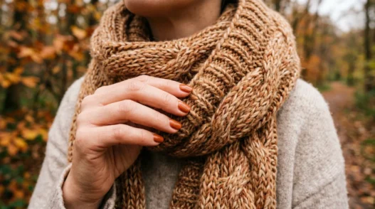 Manicured hand adjusting chunky knit scarf edge in soft autumn light with warm rust tones