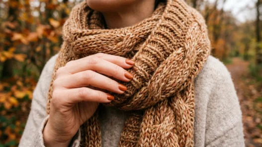 Manicured hand adjusting chunky knit scarf edge in soft autumn light with warm rust tones