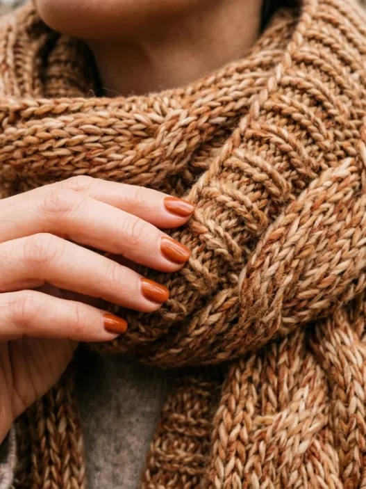 Manicured hand adjusting chunky knit scarf edge in soft autumn light with warm rust tones