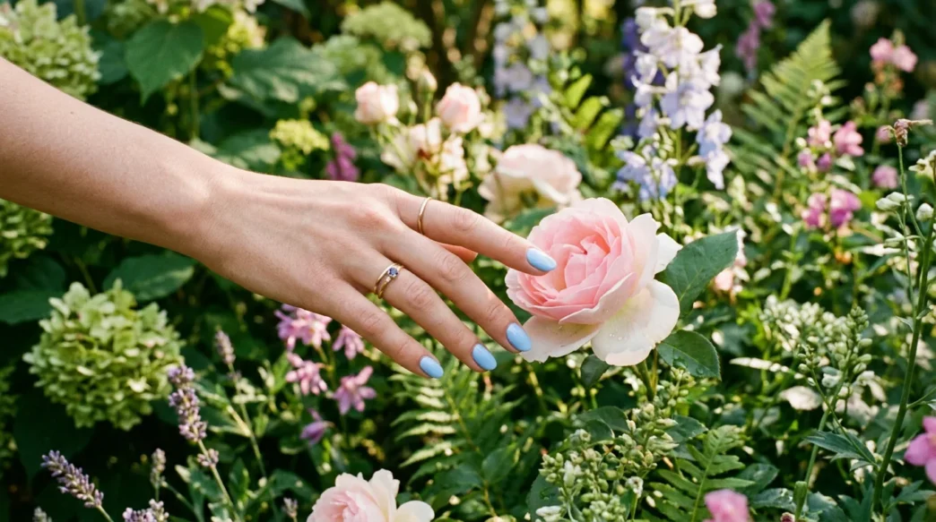Manicured hand with baby blue nails reaching to touch a single flower bloom in garden setting
