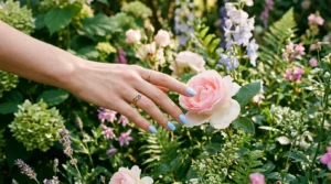 Manicured hand with baby blue nails reaching to touch a single flower bloom in garden setting