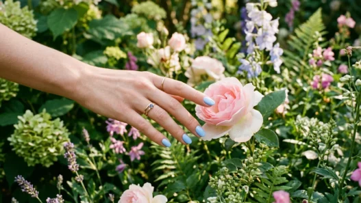 Manicured hand with baby blue nails reaching to touch a single flower bloom in garden setting