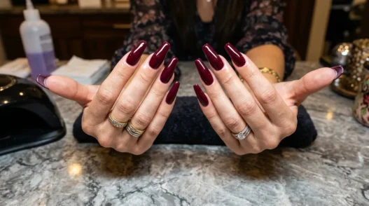 Woman's hands displaying completed long coffin baddie nails with glossy deep burgundy polish on salon table