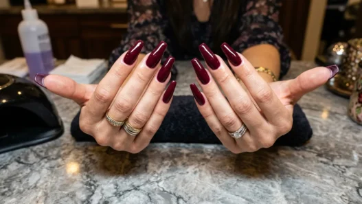 Woman's hands displaying completed long coffin baddie nails with glossy deep burgundy polish on salon table