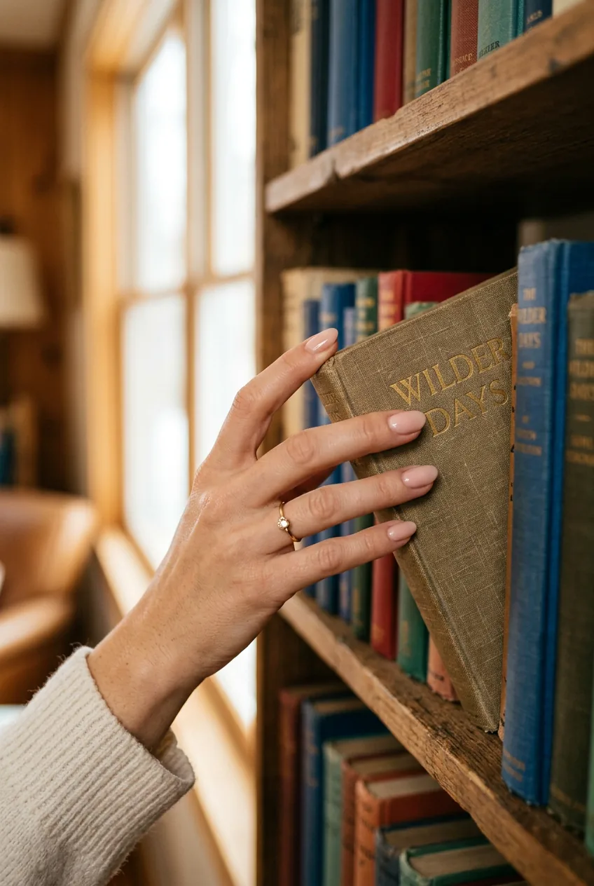 Woman's hand reaching for book displaying barely-there pinky beige manicure