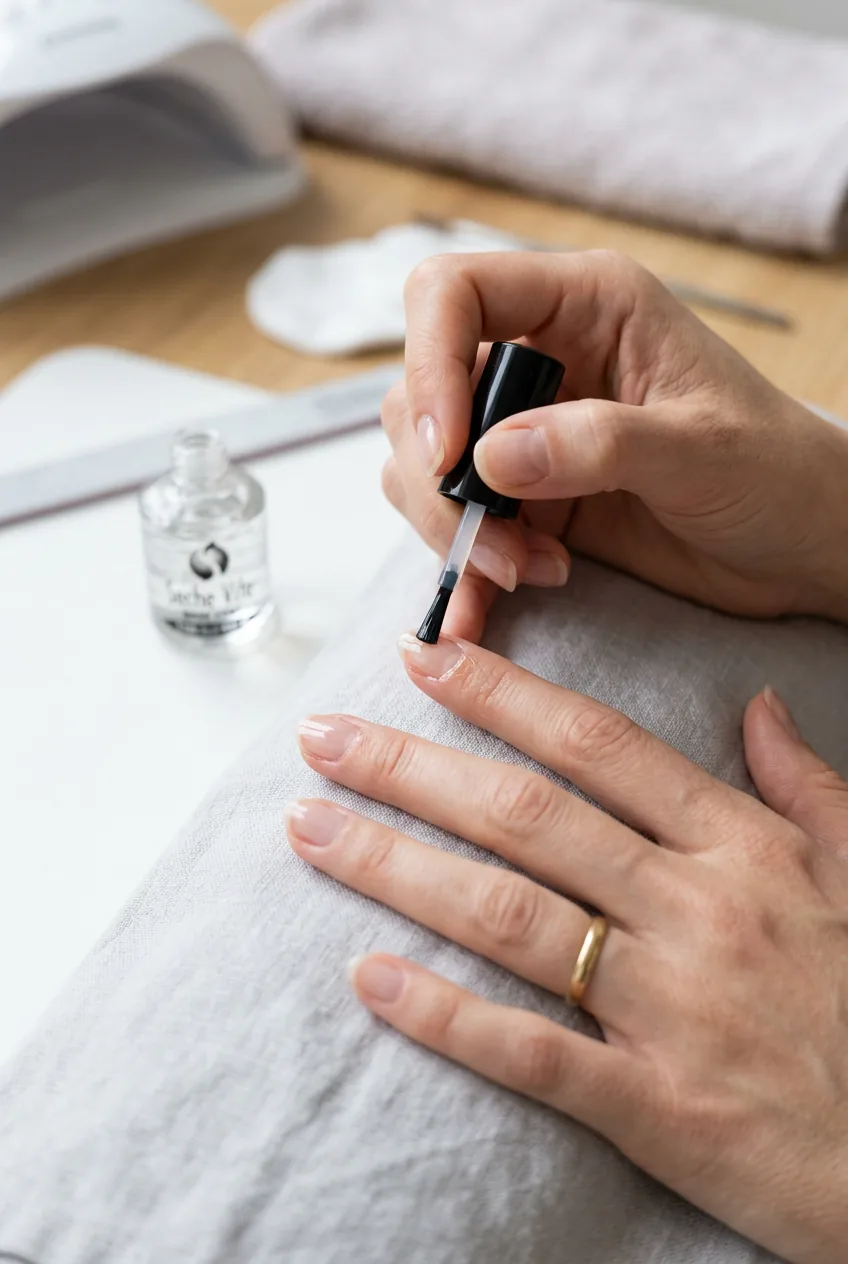 Hand applying clear base coat to fingernails using three-stroke brush technique with professional precision