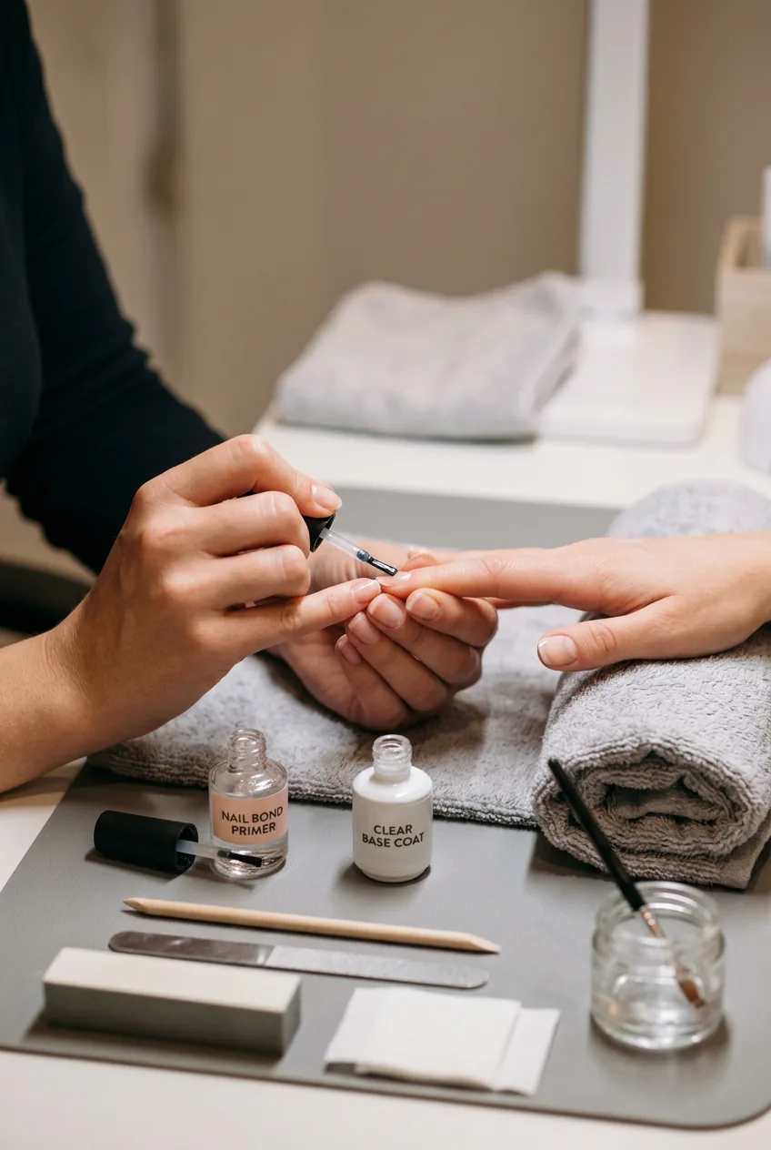 Woman applying clear base coat primer to natural nails with precise brush technique and nail products nearby