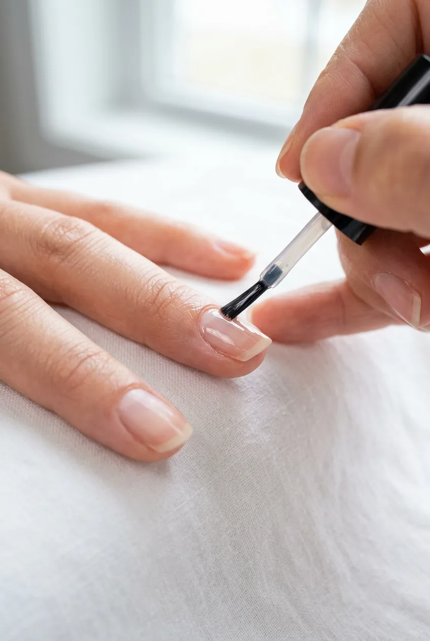 Clear base coat being brushed onto clean natural nail with precise application technique