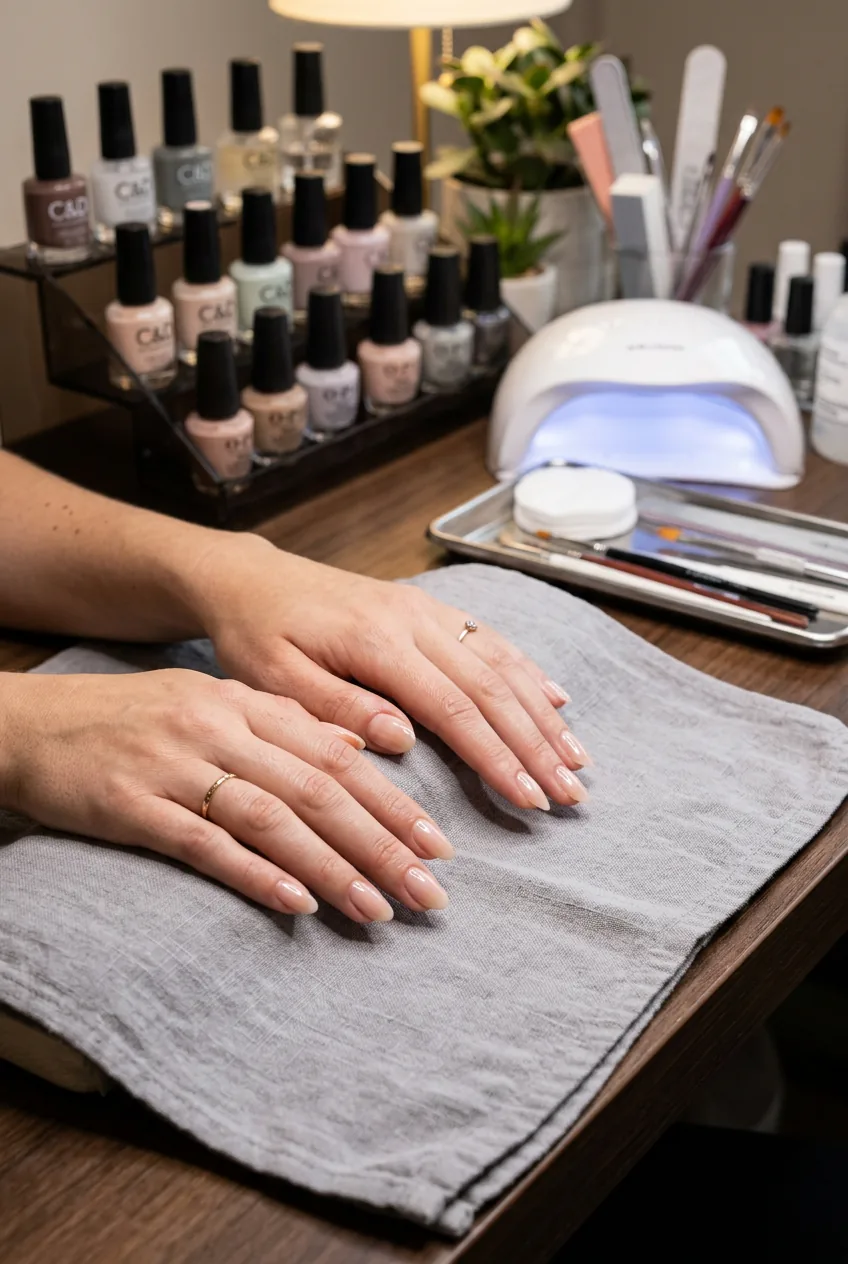 Hands with clean base coat application and organized nail art workspace setup