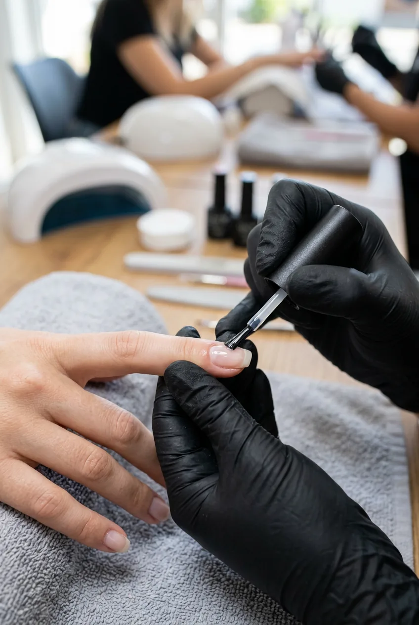 Base coat being applied with proper brush technique showing thin even coverage