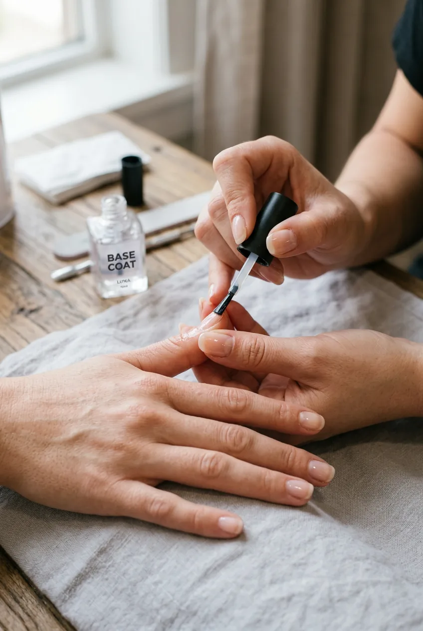 Clear base coat being applied to clean prepared nails with professional brush technique