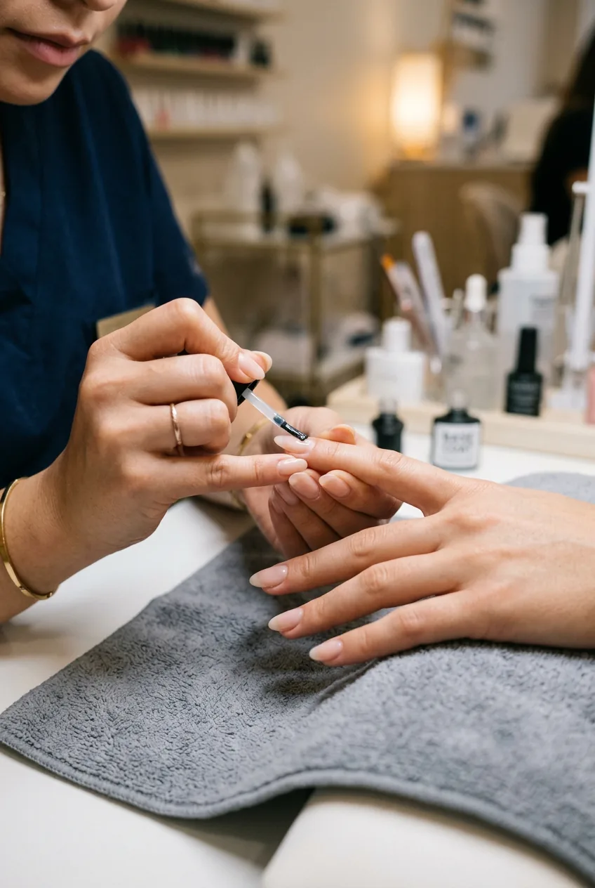 Close up of nail technician applying base coat with precise brush technique on shaped nails