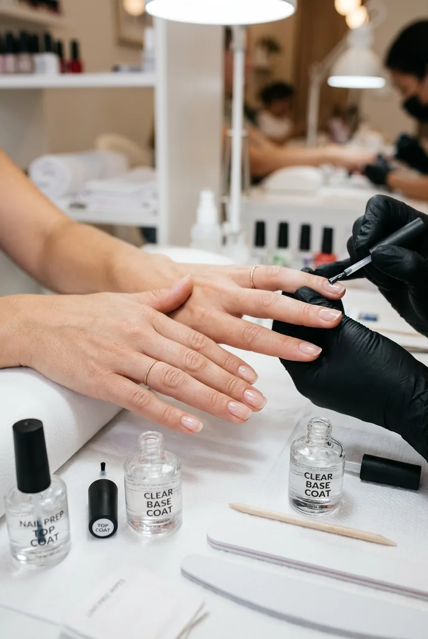 Hands showing base coat application process with one hand painted and polish bottles visible on white surface