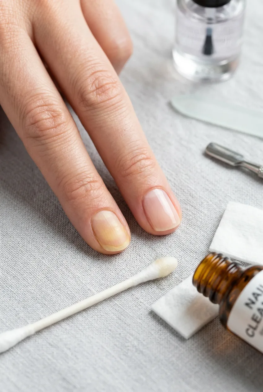 Side by side comparison of nail with and without base coat showing staining protection