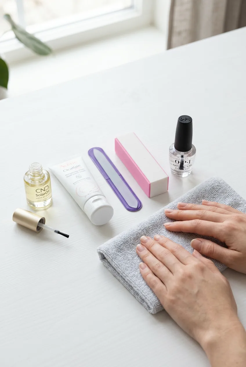 Basic nail care routine products arranged including cuticle oil, hand cream, and tools