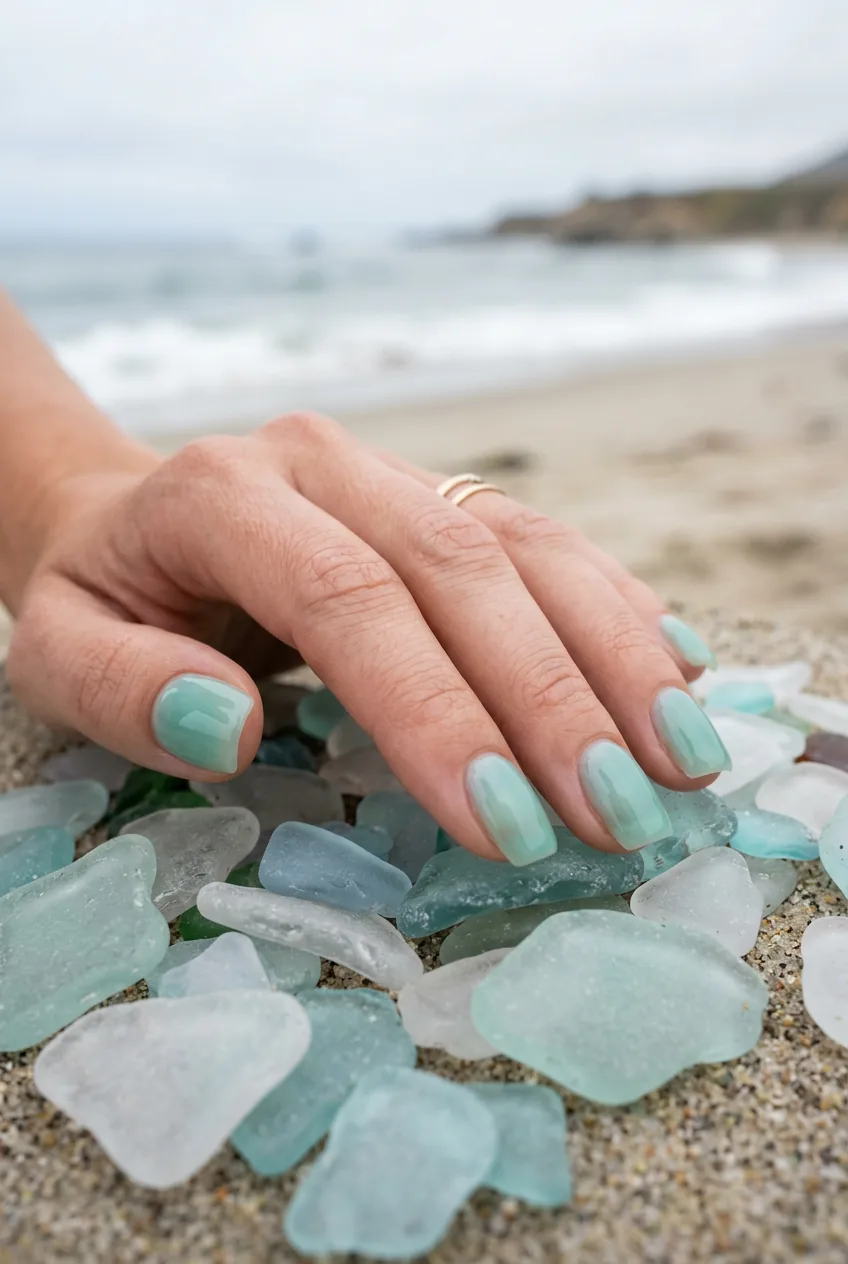 Beach glass jelly nails with translucent seafoam finish positioned on scattered sea glass pieces