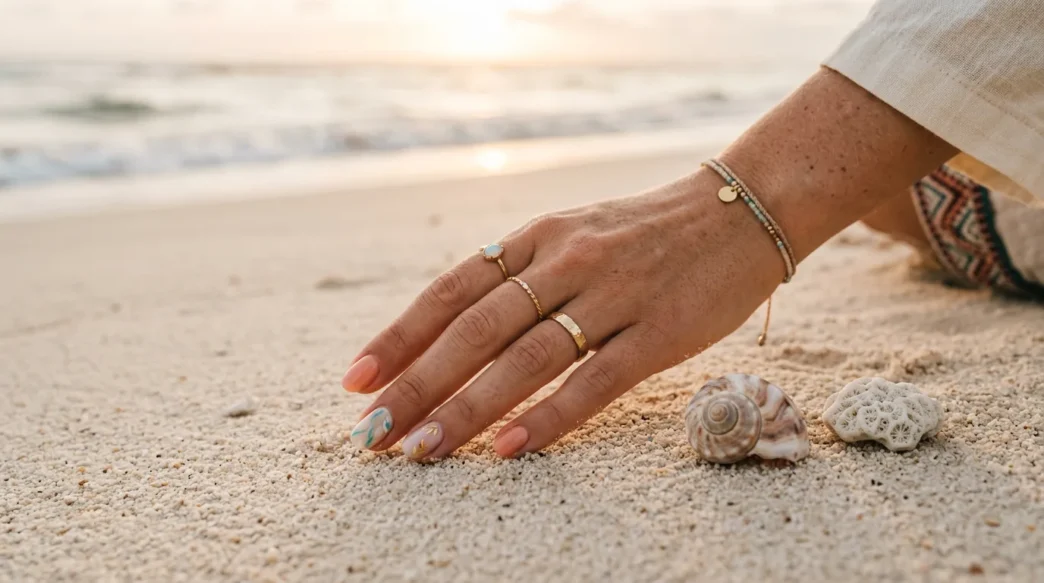 Manicured hand resting on pale beach sand with small shell and coral pieces beside fingertips