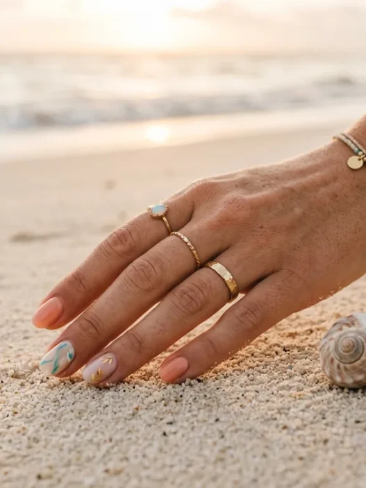Manicured hand resting on pale beach sand with small shell and coral pieces beside fingertips