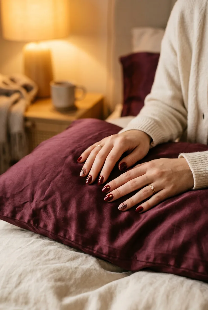 Woman's hands resting on silk pillowcase showing deep red nail designs in soft bedside lighting