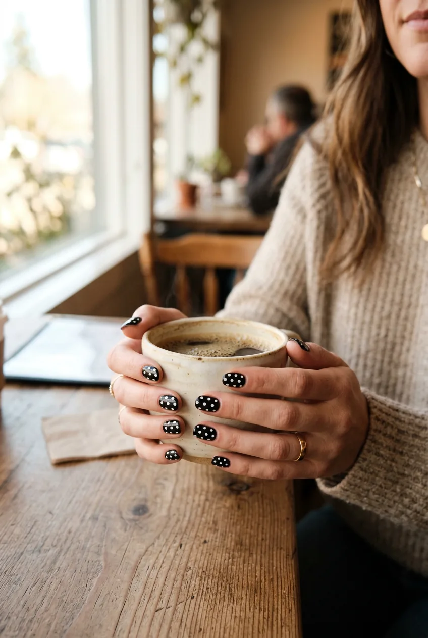 Woman's hands holding coffee cup displaying white polka dots on black manicure in morning light