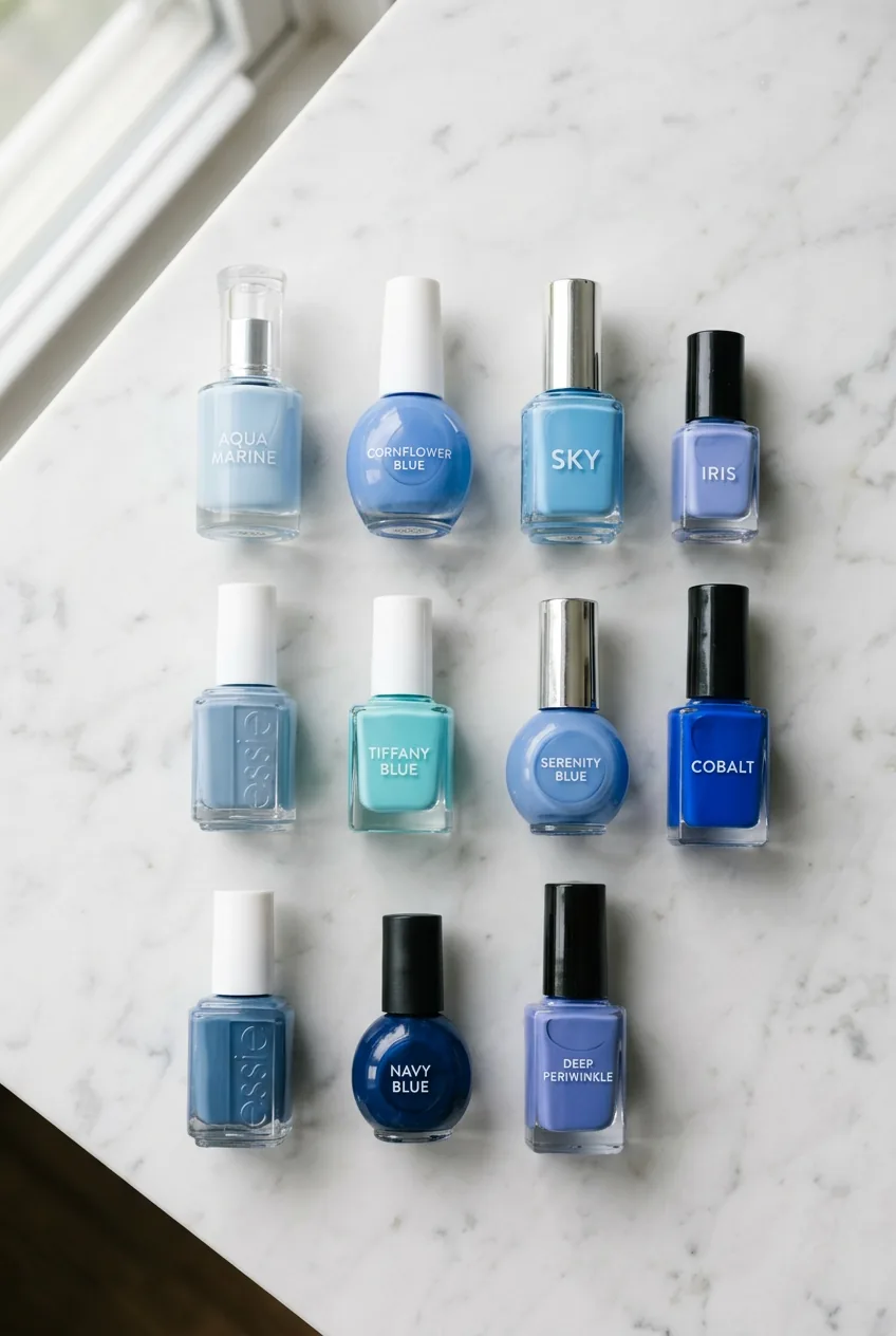 Various shades of blue nail polish bottles arranged on white marble surface in natural lighting