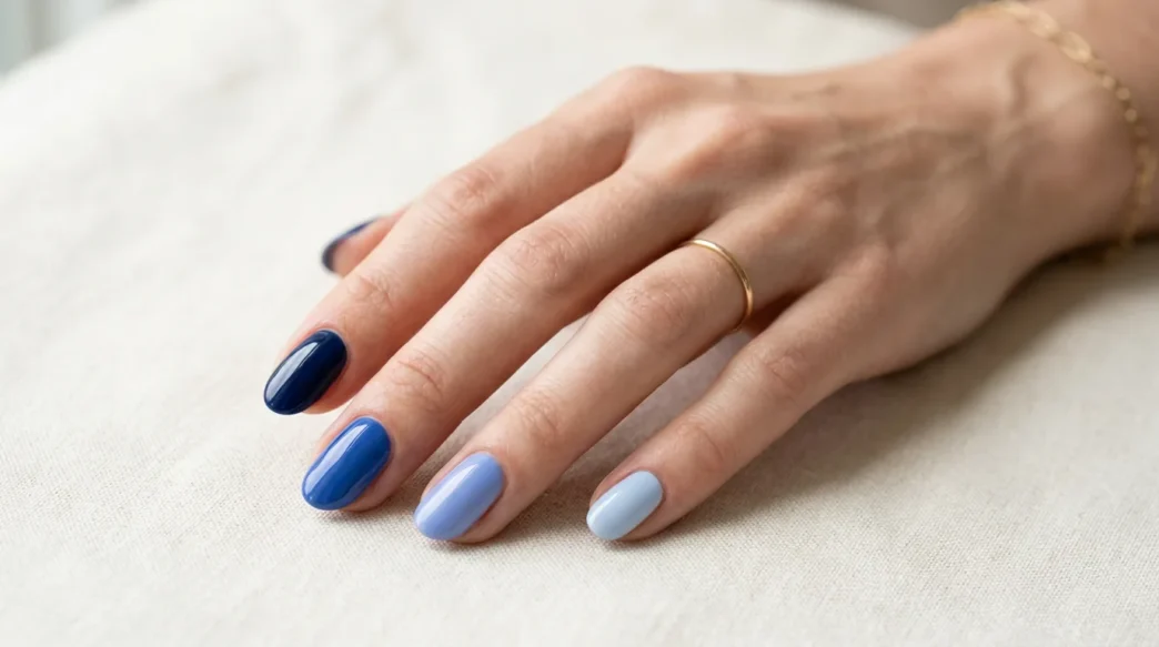 Woman's hand showing multiple blue nail polish shades arranged in gradient from light to dark