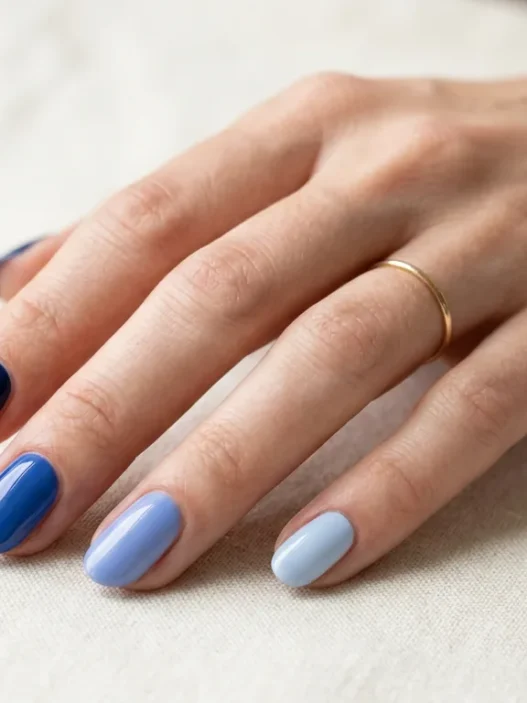 Woman's hand showing multiple blue nail polish shades arranged in gradient from light to dark