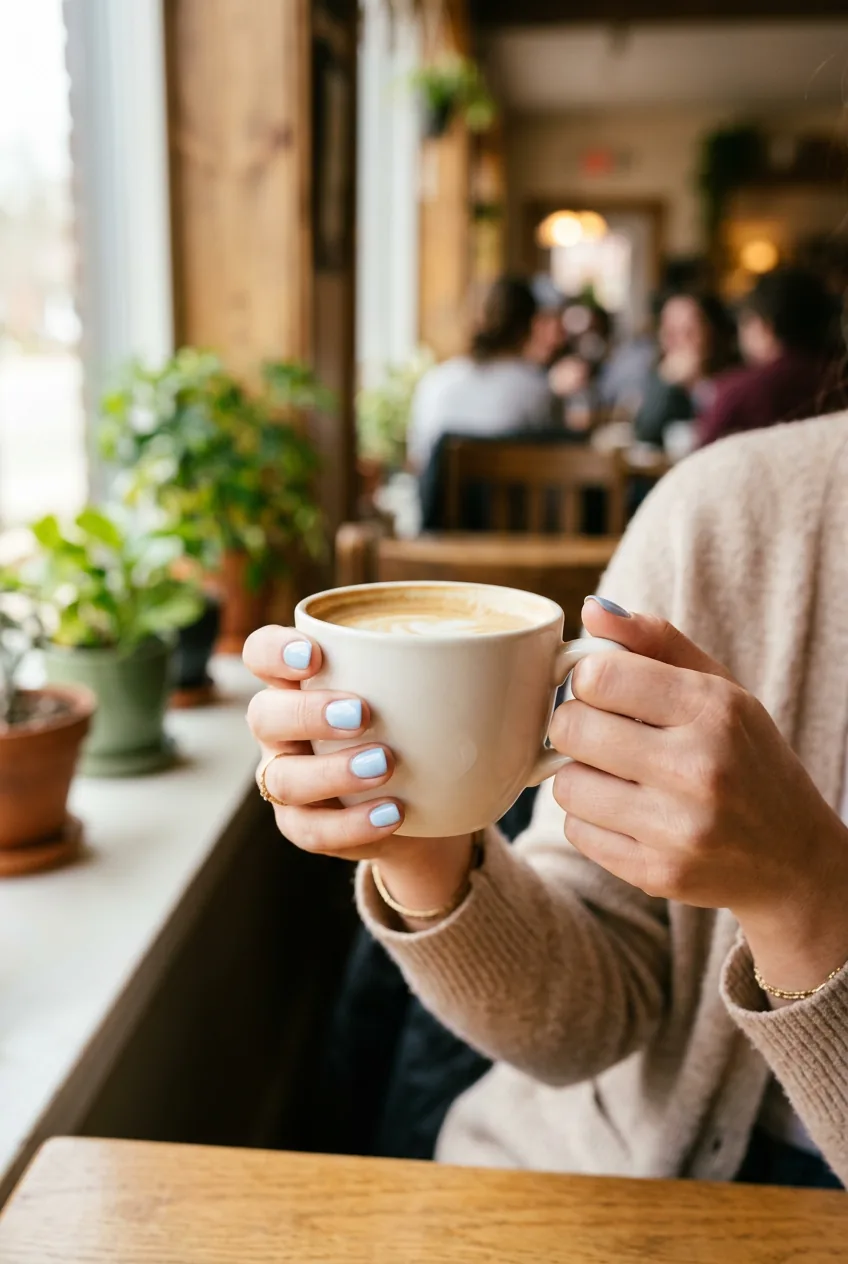 Woman's hands with fresh baby blue manicure holding white coffee cup in natural window light