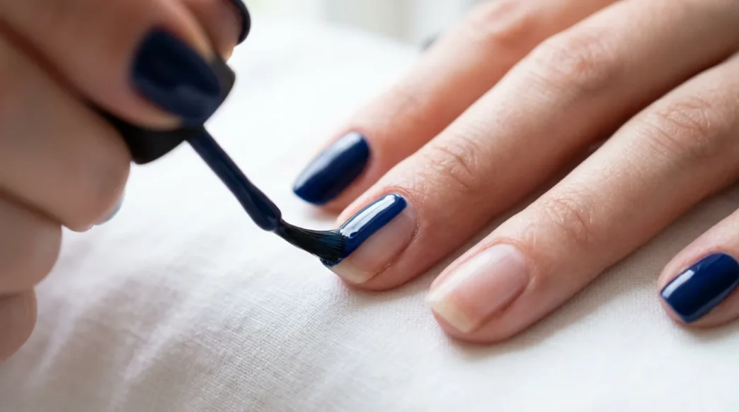 Close-up of nail brush applying glossy navy blue polish in center stroke on natural nail