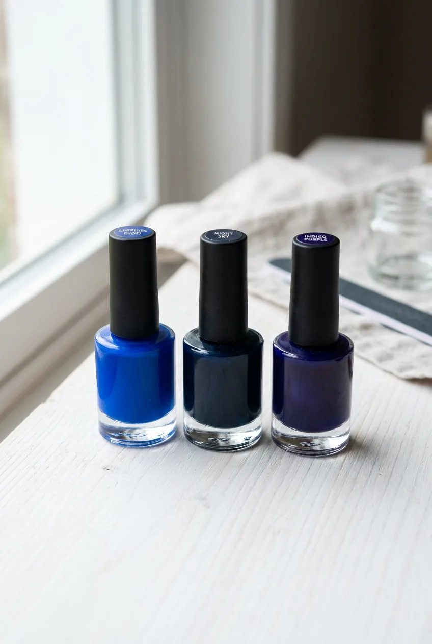Three blue nail polish bottles showing different undertones from royal to midnight blue