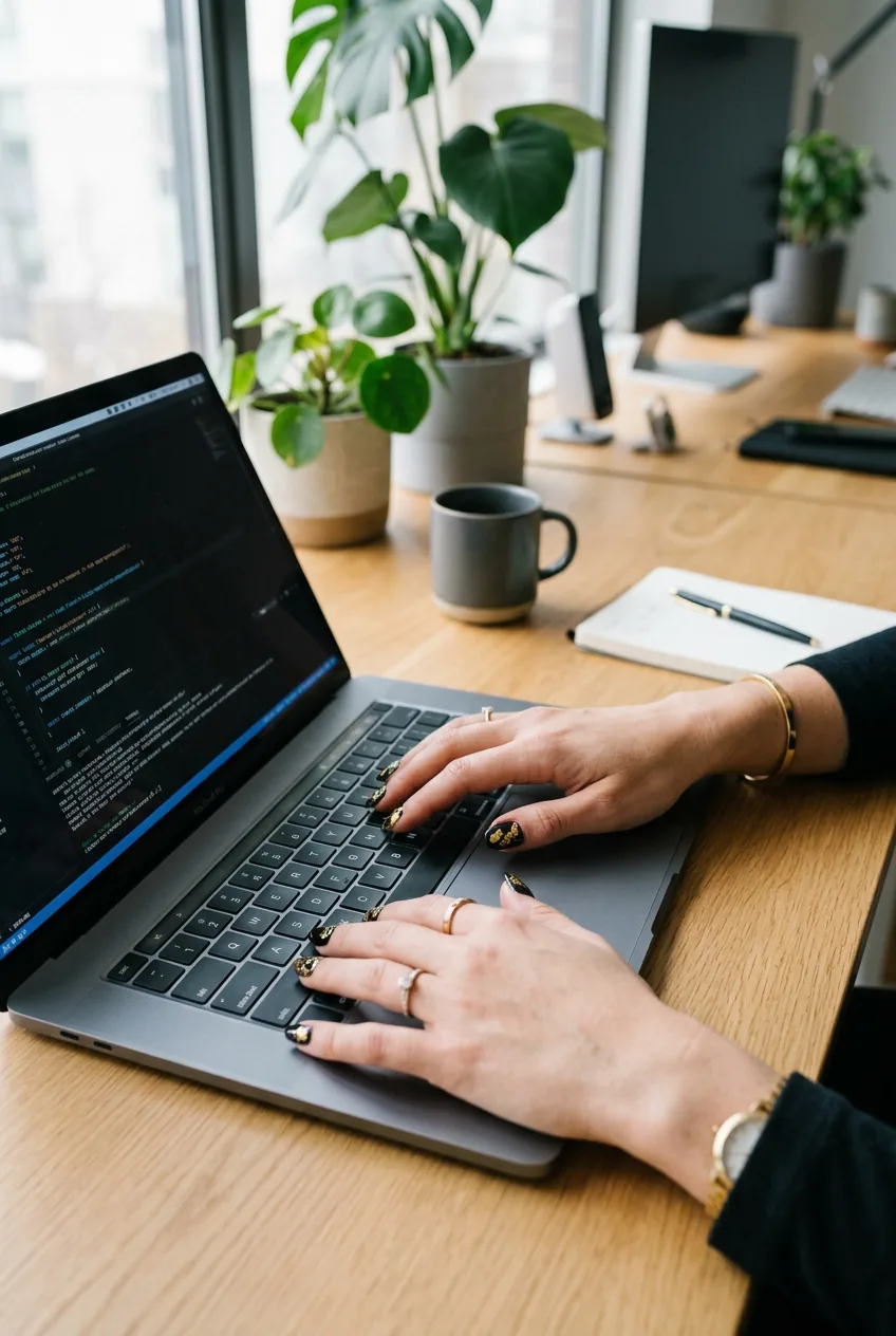 Hands typing on laptop showing bold black and gold nail art in workspace setting
