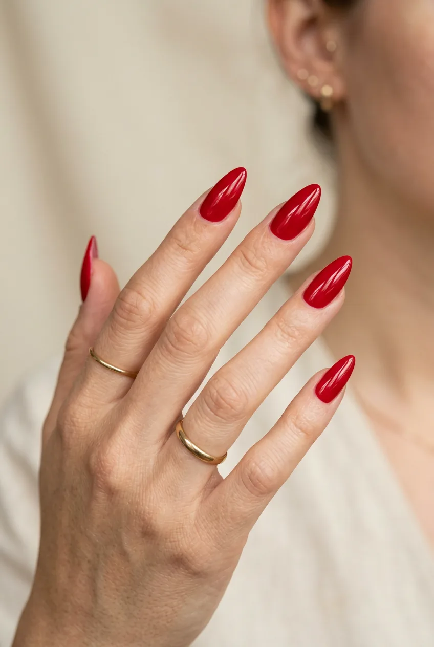 Woman's hand showing bold cherry red almond nails with glossy finish and pointed tips