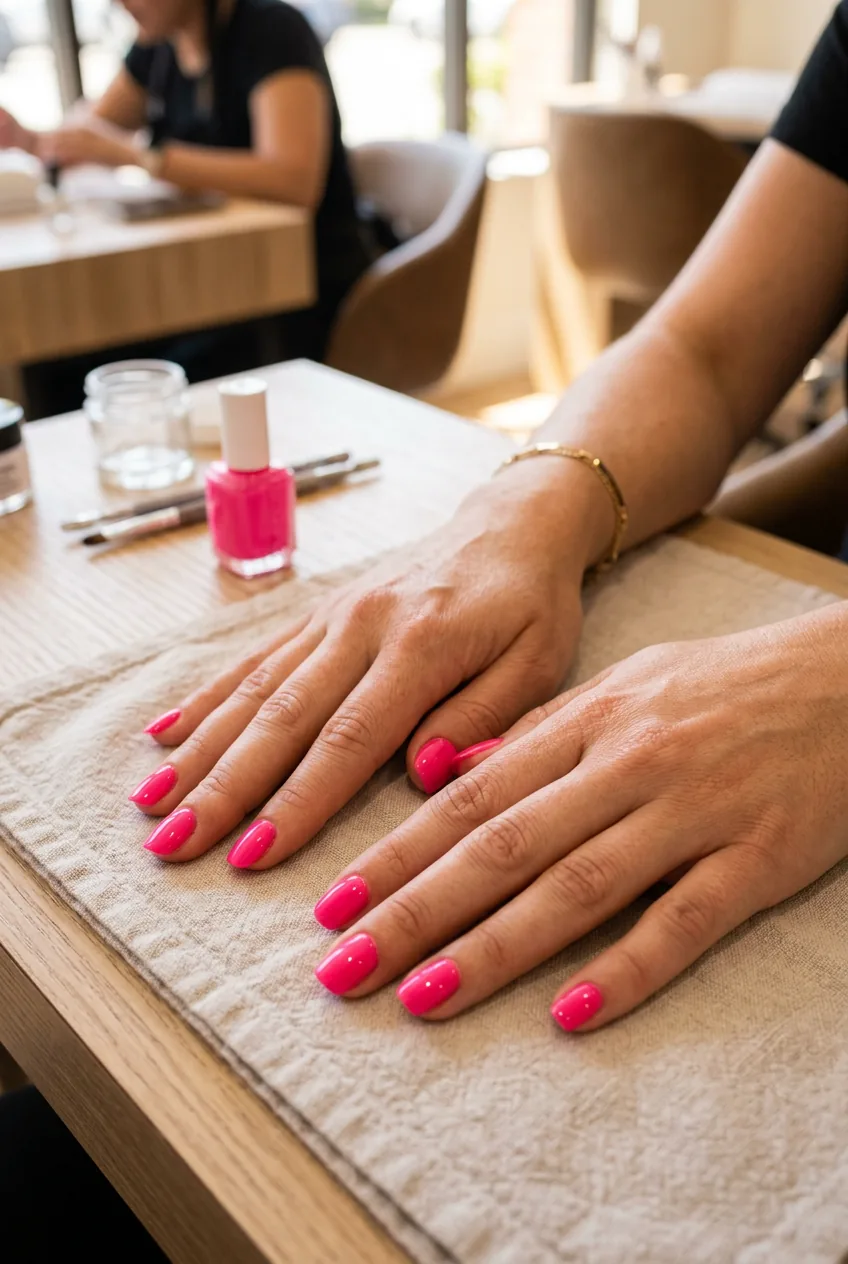 Close-up of woman's nails with smooth bright pink base coat applied evenly across all ten fingers