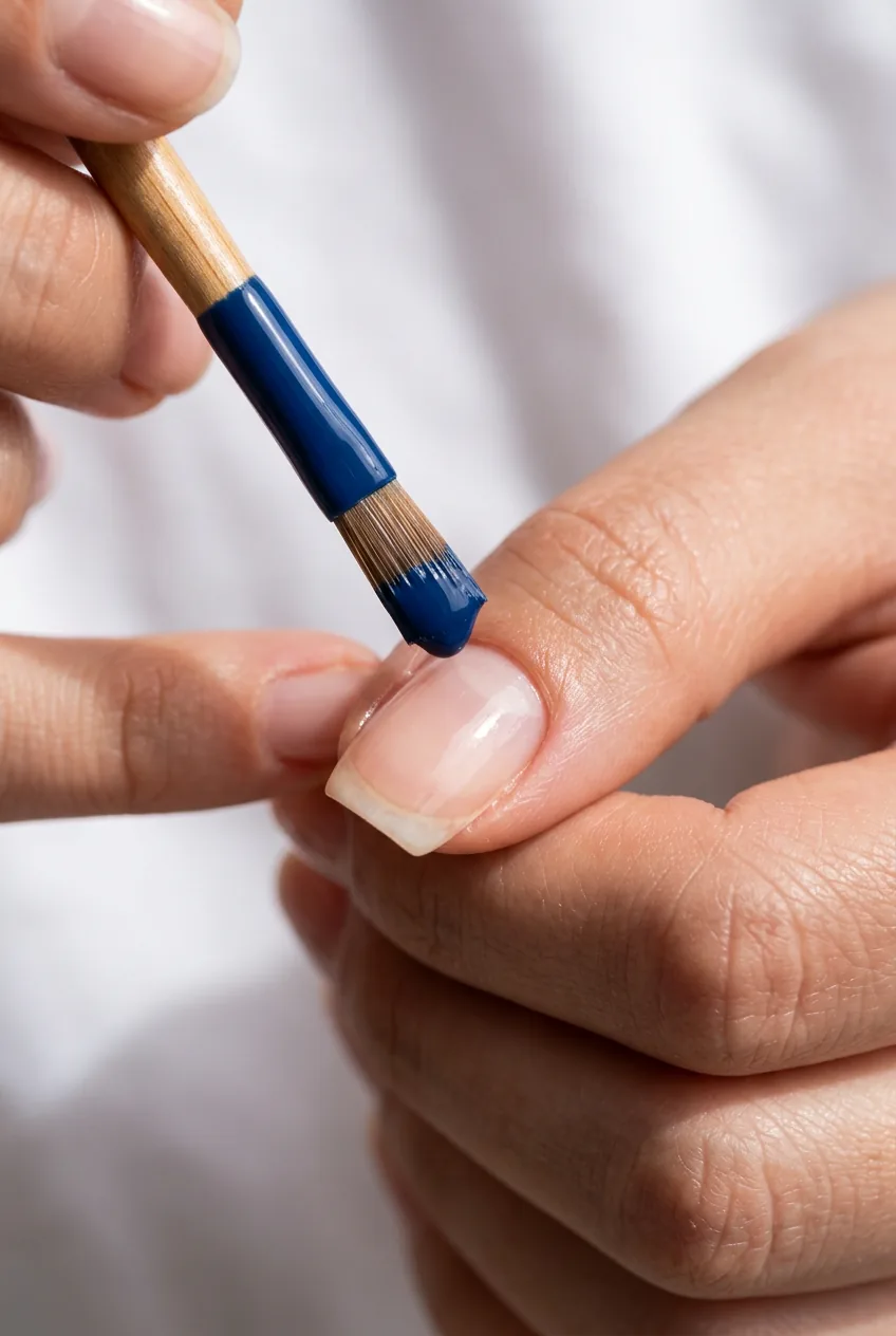 Nail brush loaded with blue polish positioned correctly near cuticle line for application