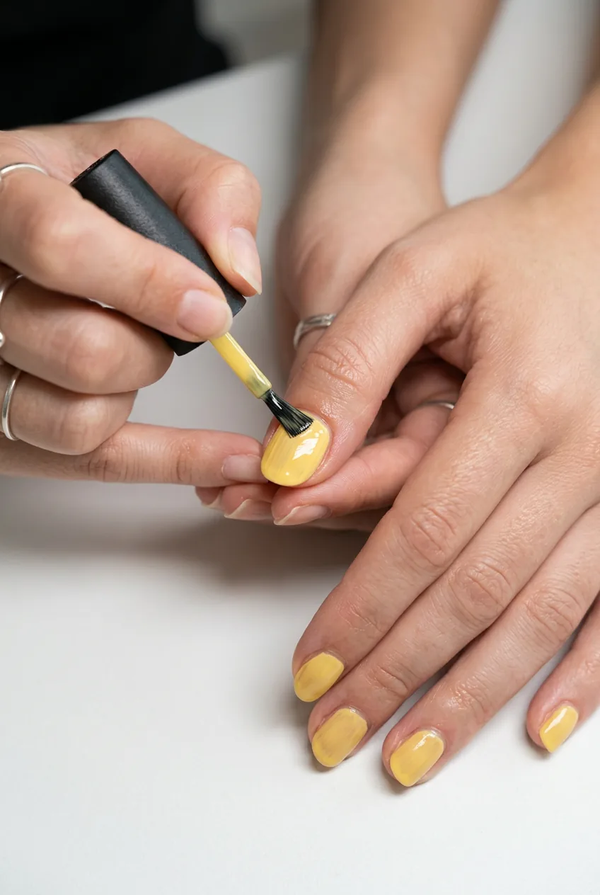 Second coat of butter yellow polish being applied showing building opacity and visible brush technique