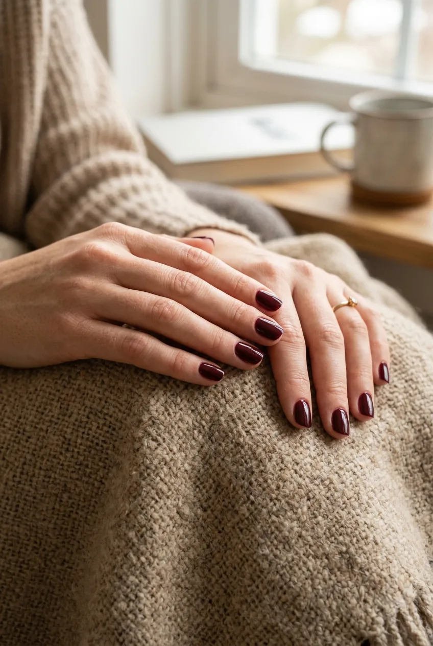 Woman's hands displaying glossy burgundy simple manicure on textured fabric showing durability