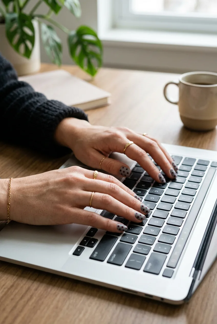 Woman's hands typing on laptop keyboard with burgundy polka dots on gray manicure at office desk