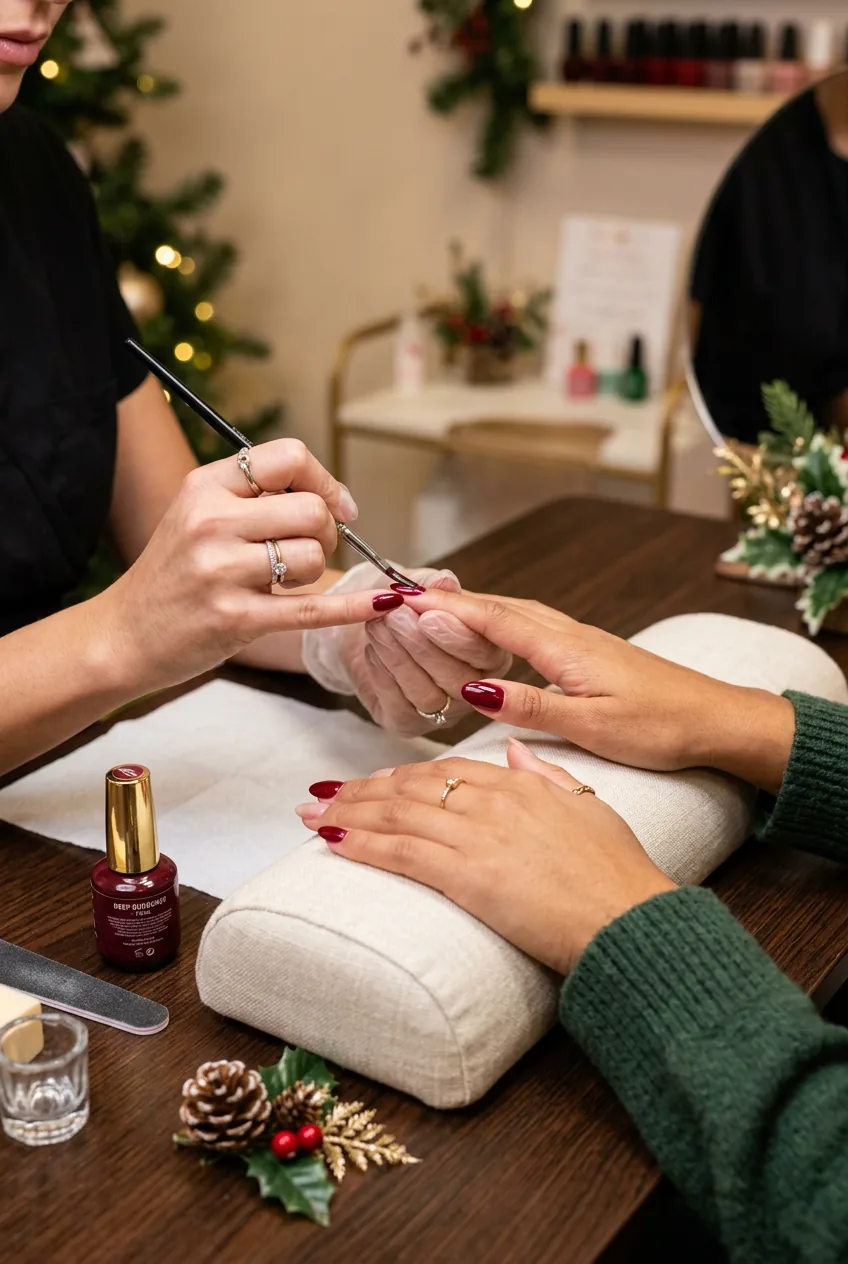 Deep burgundy red Christmas polish being applied to woman's nails with brush