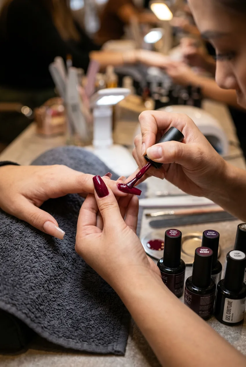 Woman painting rich burgundy nail polish onto long coffin extensions with steady professional brush strokes