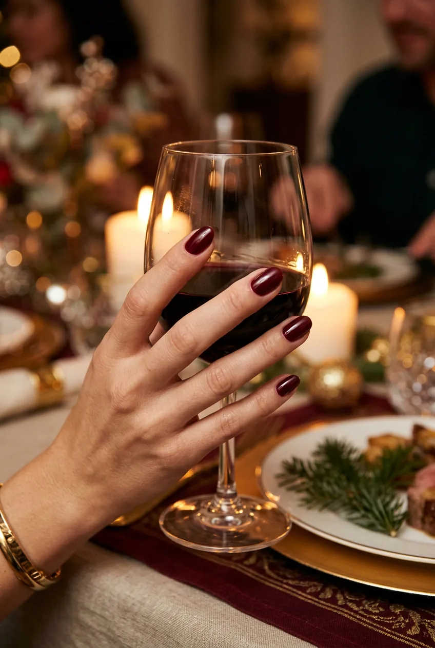 Elegant burgundy manicured nails holding wine glass in candlelit holiday dinner setting